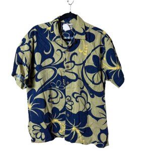 HILO HATTIES Hawaiian Original Modern Print Aloha Shirt Size Large Green & Blue